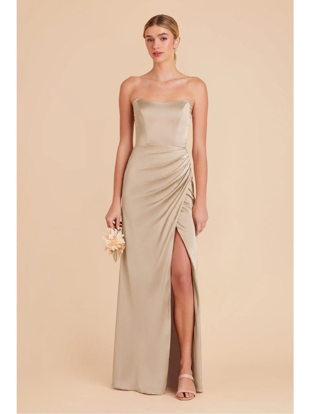 Birdy Grey Strapless Satin Ruched Side-Slit Dress in Taupe
